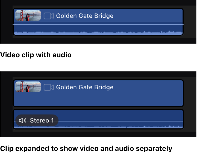 Un clip de la línea de tiempo mostrado antes y después de expandirlo para mostrar el video y el audio por separado.