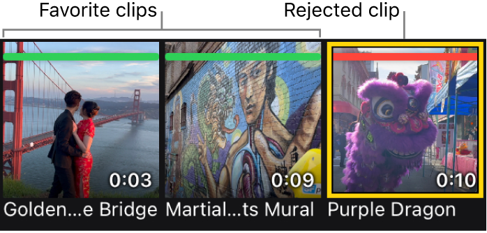 Miniaturas de clips en el explorador multimedia con valoraciones de favorito (una barra verde horizontal) y una valoración de rechazado (una barra roja horizontal).