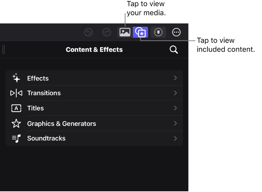 Los botones “Explorador de contenido” y “Content Browser” de la barra de herramientas, con el botón “Content Browser” seleccionado y el explorador debajo, donde se muestran efectos de vídeo.
