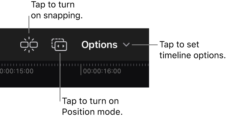 Botones situados en la esquina superior derecha de la línea de tiempo para activar el ajuste automático y el modo Posición, así como para ajustar otras opciones de línea de tiempo.