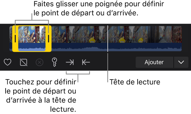 Pellicule du navigateur multimédia dans une plage sélectionnée, poignées jaunes de début et de fin, boutons pour définir les points de début et de fin, et tête de lecture (ligne blanche verticale).