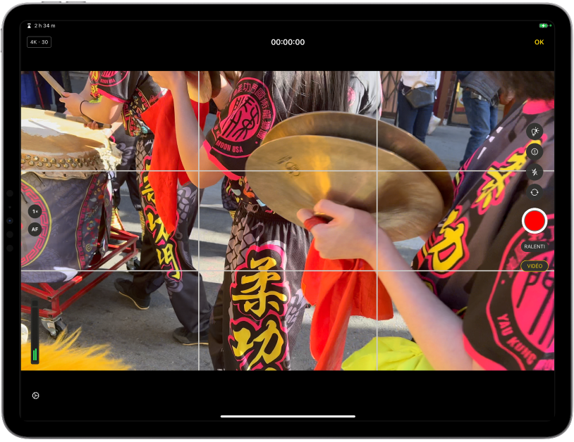Écran de la caméra en cours d’enregistrement vidéo d’un défilé riche en couleurs.