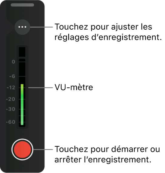 Les commandes de la voix off, avec un bouton Enregistrer, un VU-mètre audio, un bouton Plus pour les options de réglage de la voix off, et une poignée au-dessus pour le repositionnement.