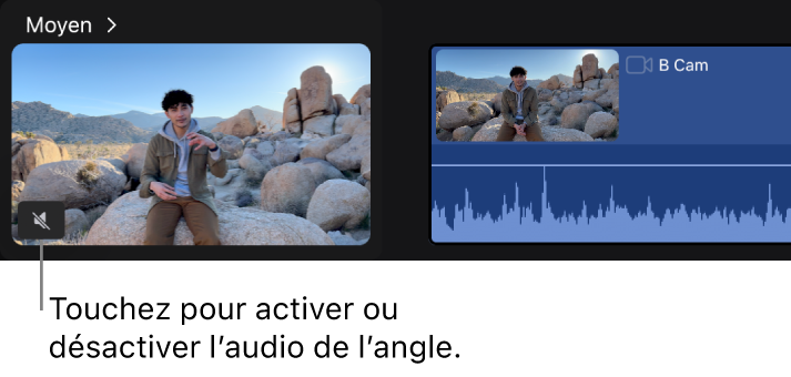 Icône audio dans le coin inférieur gauche d’une vignette d’angle dans l’éditeur d’angle.
