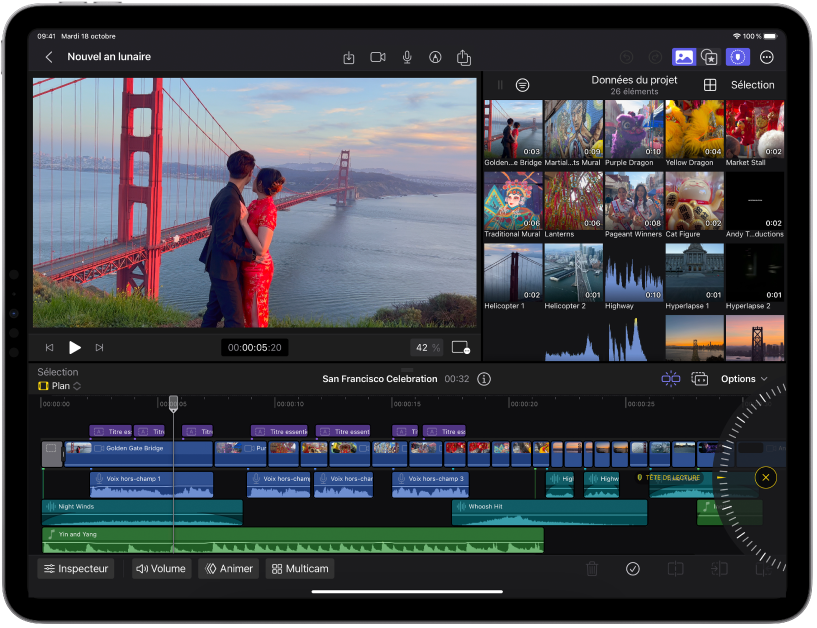 Fenêtre Final Cut Pro pour iPad affichant le visualiseur, le navigateur et la timeline.