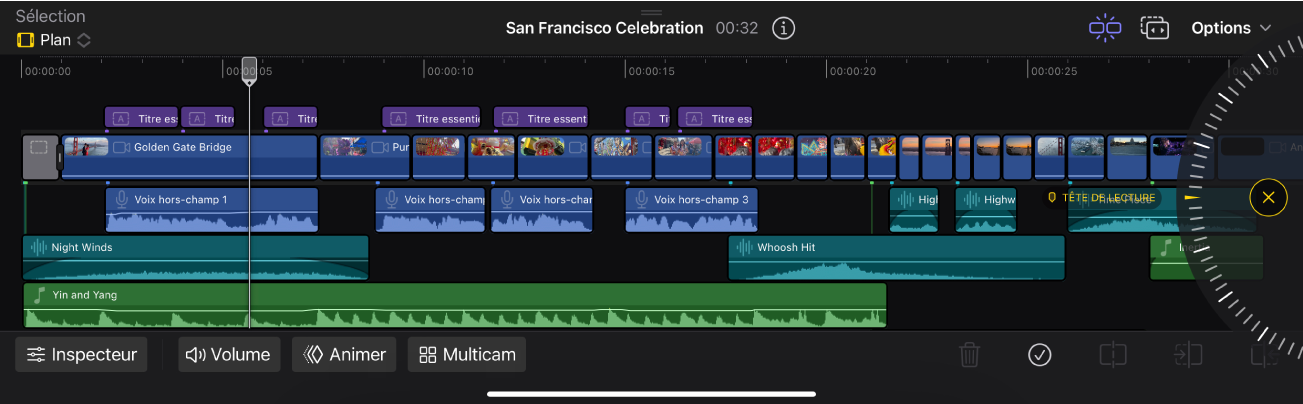 Timeline magnétique de Final Cut Pro pour iPad affichant des plans vidéo, audio et de musique
