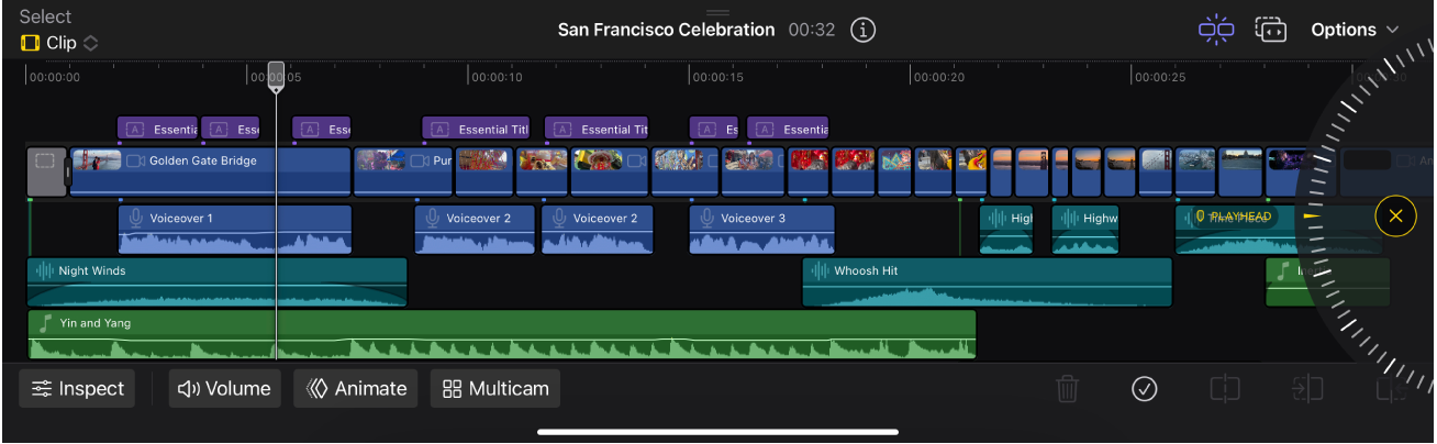 ビデオ、オーディオ、およびミュージッククリップが表示されているiPad用Final Cut Proのマグネティックタイムライン