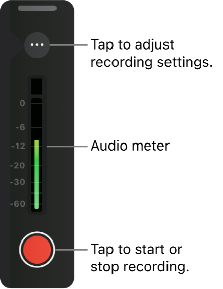 アフレコのコントロール。「録音」ボタン、オーディオメーター、アフレコ設定のオプションを表示するための「その他」ボタンがあり、上部に位置を変更するためのハンドルがあります。