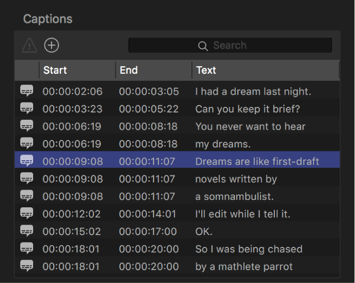 Captions list in the Closed Captions inspector