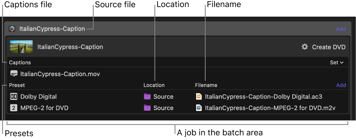 A job in the batch area with multiple presets.