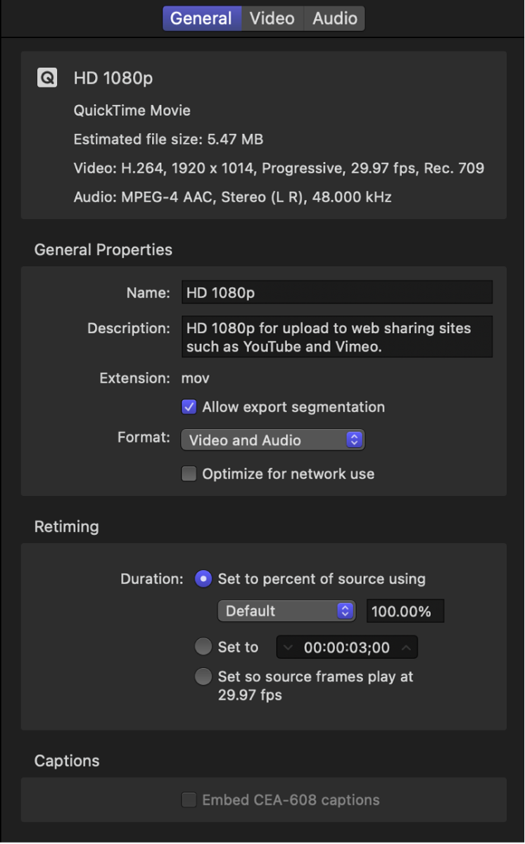 The Inspector pane showing the properties for an HD 1080p preset.