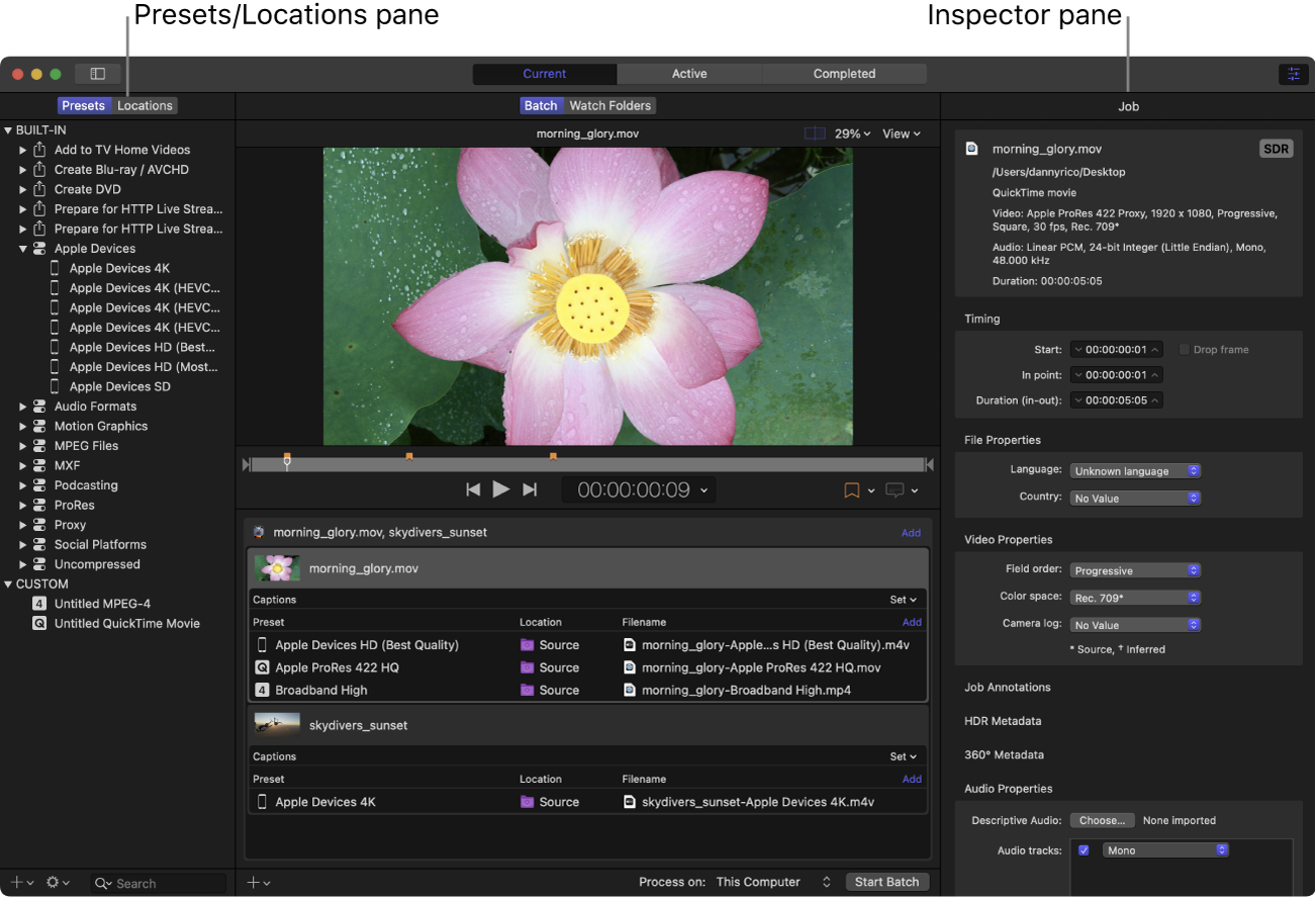 Compressor window with Presets pane and inspector pane showing