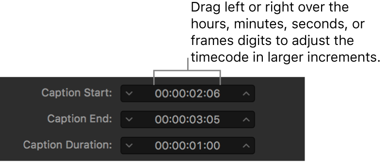 Caption timing fields showing timecode and hours, minutes, seconds, and frame drag fields