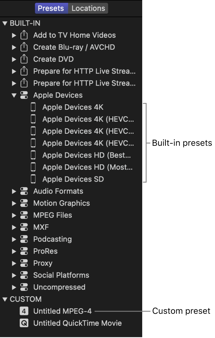 Presets pane showing a collection of built-in and custom presets.