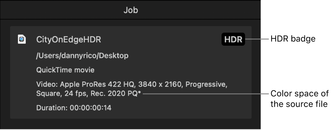 「ジョブ」インスペクタ。HDRバッジとソース・ビデオ・ファイルの色空間が表示されています。
