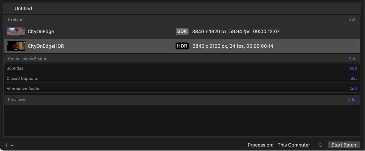 SDR 비디오 및 HDR 비디오에 대한 출력 행이 보이는 배치 영역.