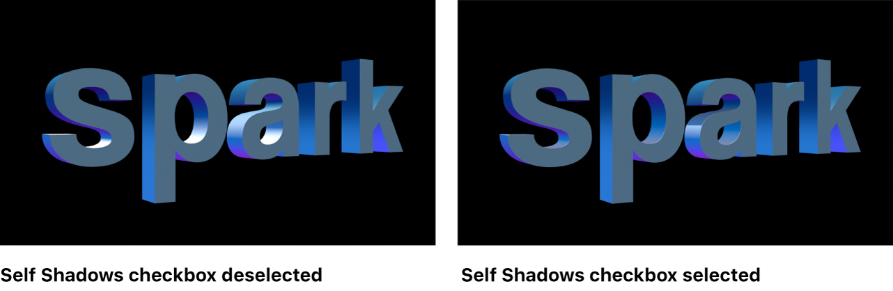 3D-Text im Canvas mit deaktiviertem und aktiviertem Markierungsfeld „Eigener Schatten“