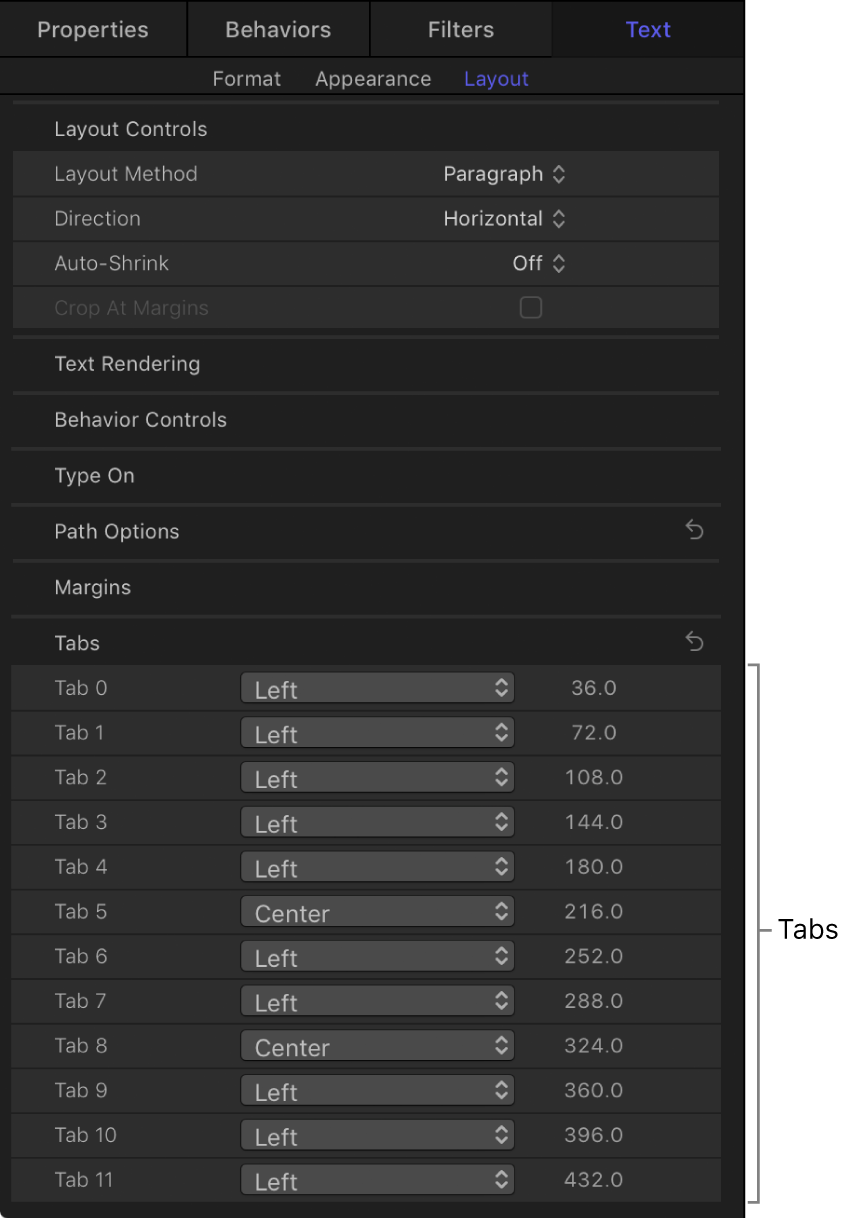 Optionen des Informationsfensters „Text“ für eine importierte RTF-Datei mit Tabulatoren