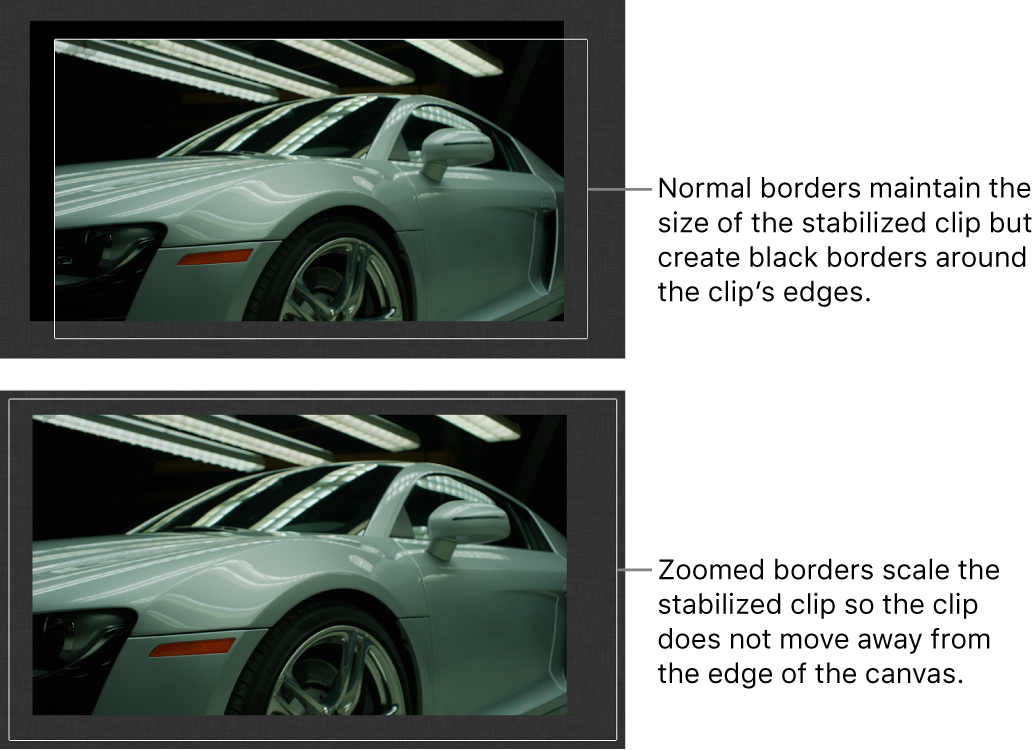 Canvas mit dem auf einen Clip angewendeten Verhalten „Stabilisieren“ und der auf „Normal“ eingestellten Option „Rahmen“ und mit einem auf einen Clip angewendeten Verhalten „Stabilisieren“ und der auf „Zoom“ eingestellten Option „Rahmen“