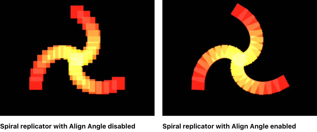 Vergleich spiralförmiger Replikatoren im Canvas, bei denen die Option „Winkel ausrichten“ deaktiviert bzw. aktiviert ist