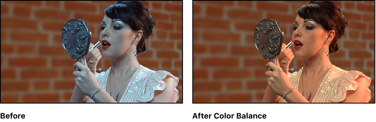 Green screen composite, before and after color correction to foreground image
