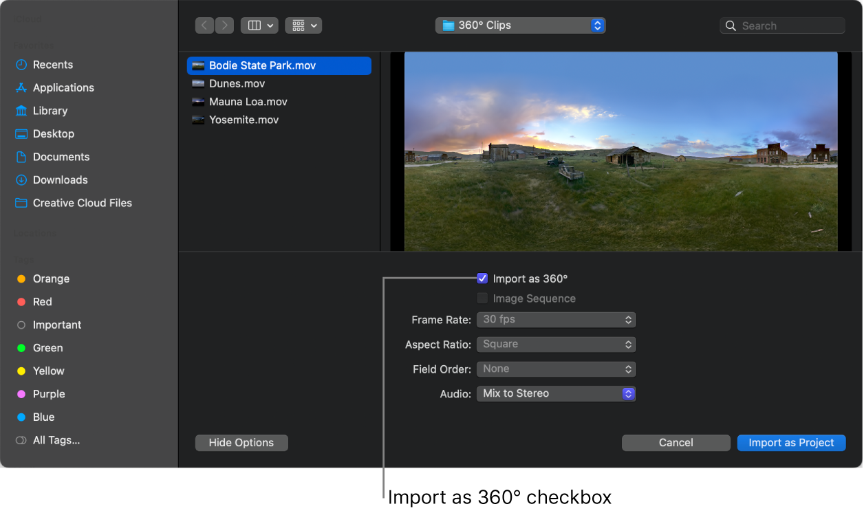 Import as 360° checkbox in the import dialog.