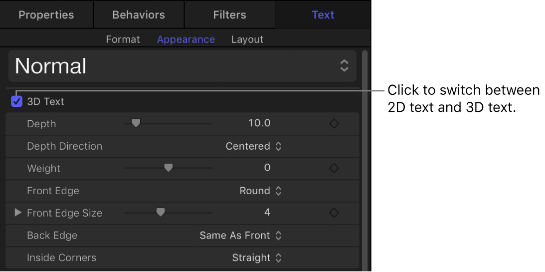 3D Text activation checkbox in the Appearance pane of the Text Inspector