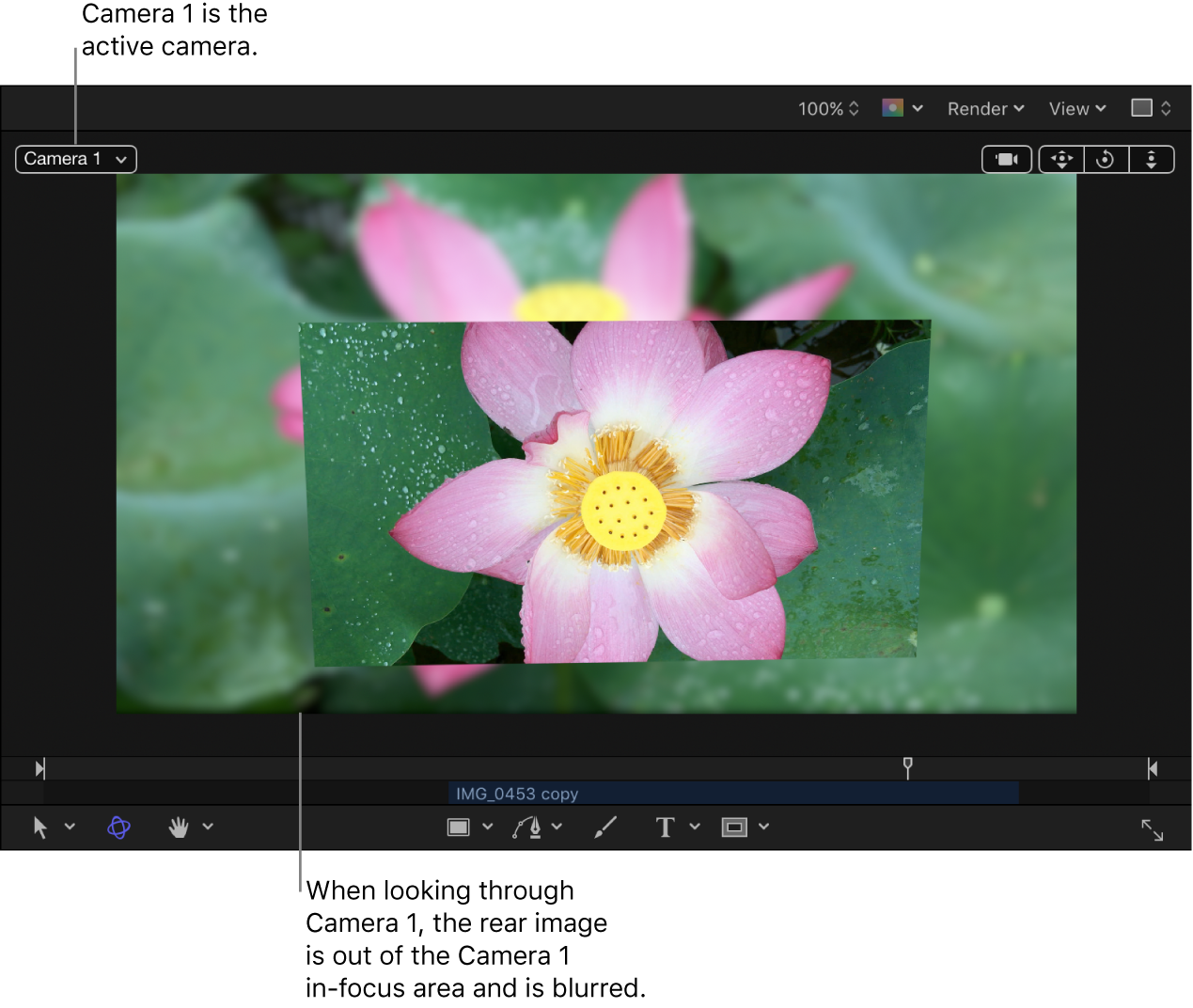 Canvas showing camera with depth-of-field effect visible