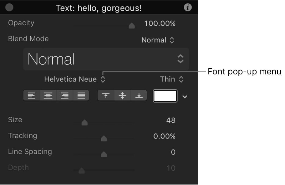 Text HUD showing the Font pop-up menu