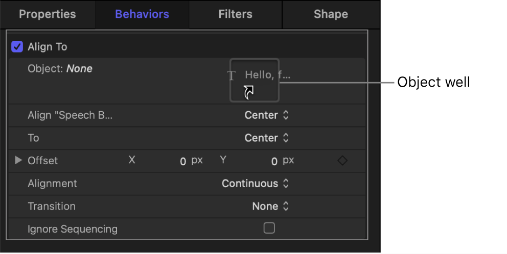 Behaviors Inspector showing dragging shape to Object well