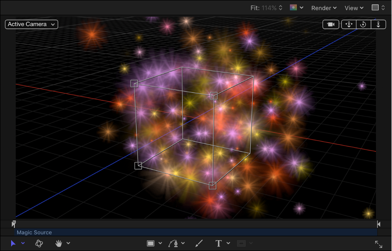 Canvas showing particle system with shape set to Box