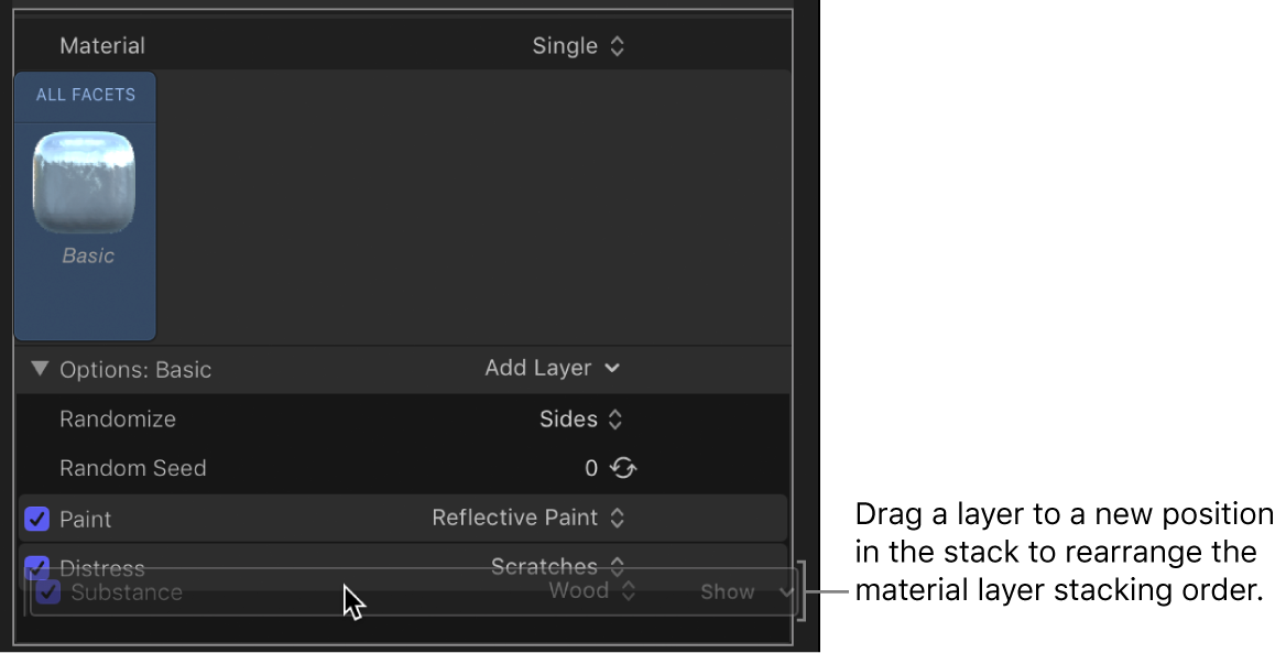 Dragging a material layer above another material layer in the Appearance pane of the Text Inspector