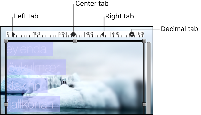 Canvas showing text object with ruler and different types of tabs