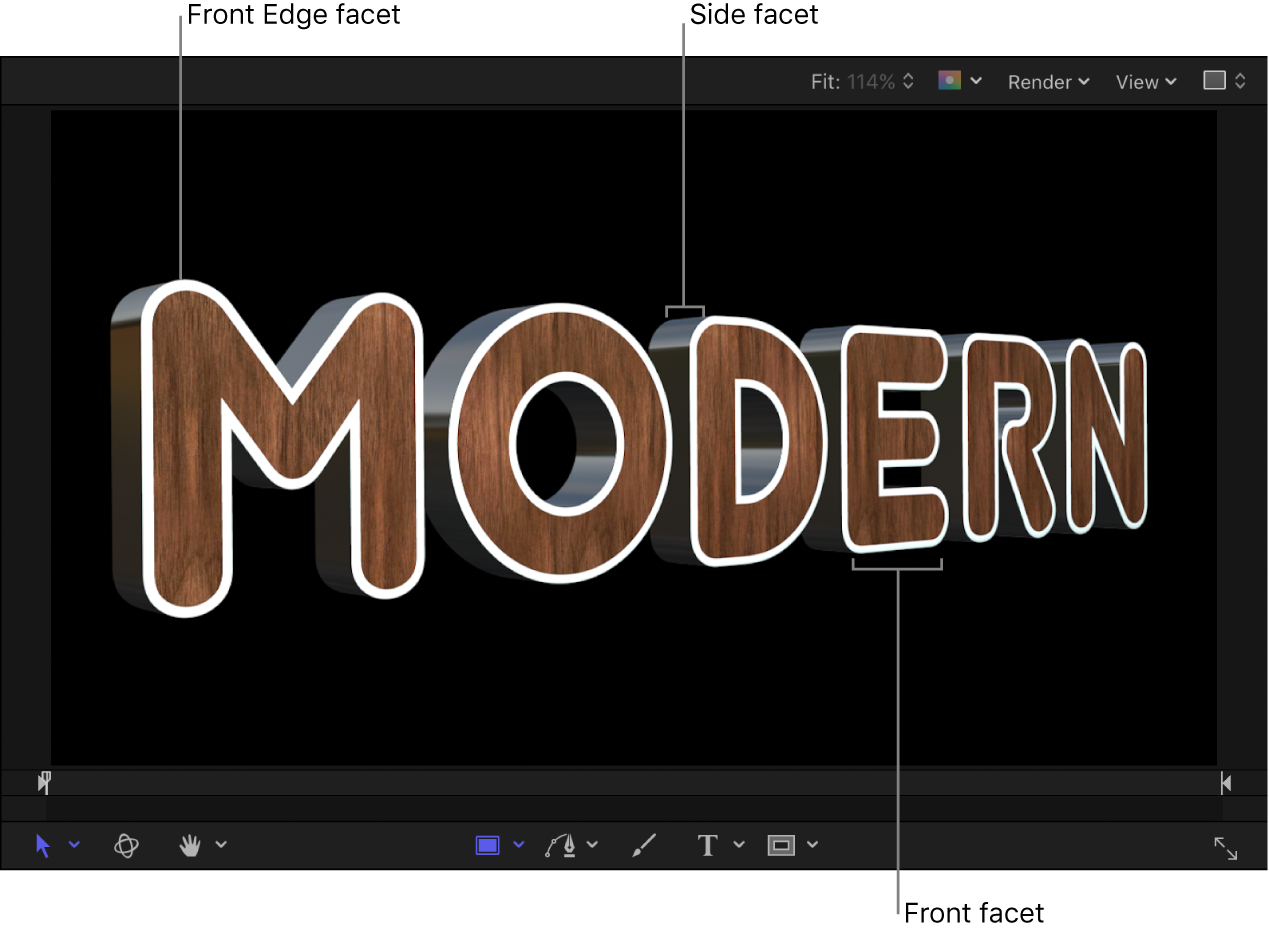 3D text in canvas showing white Front Edge facet, metal Side facet, and wood Front facet
