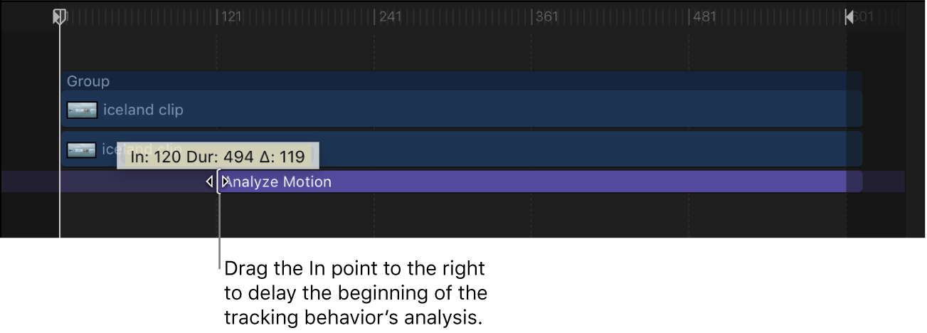 Adjusting the In point of a tracking behavior in the Timeline