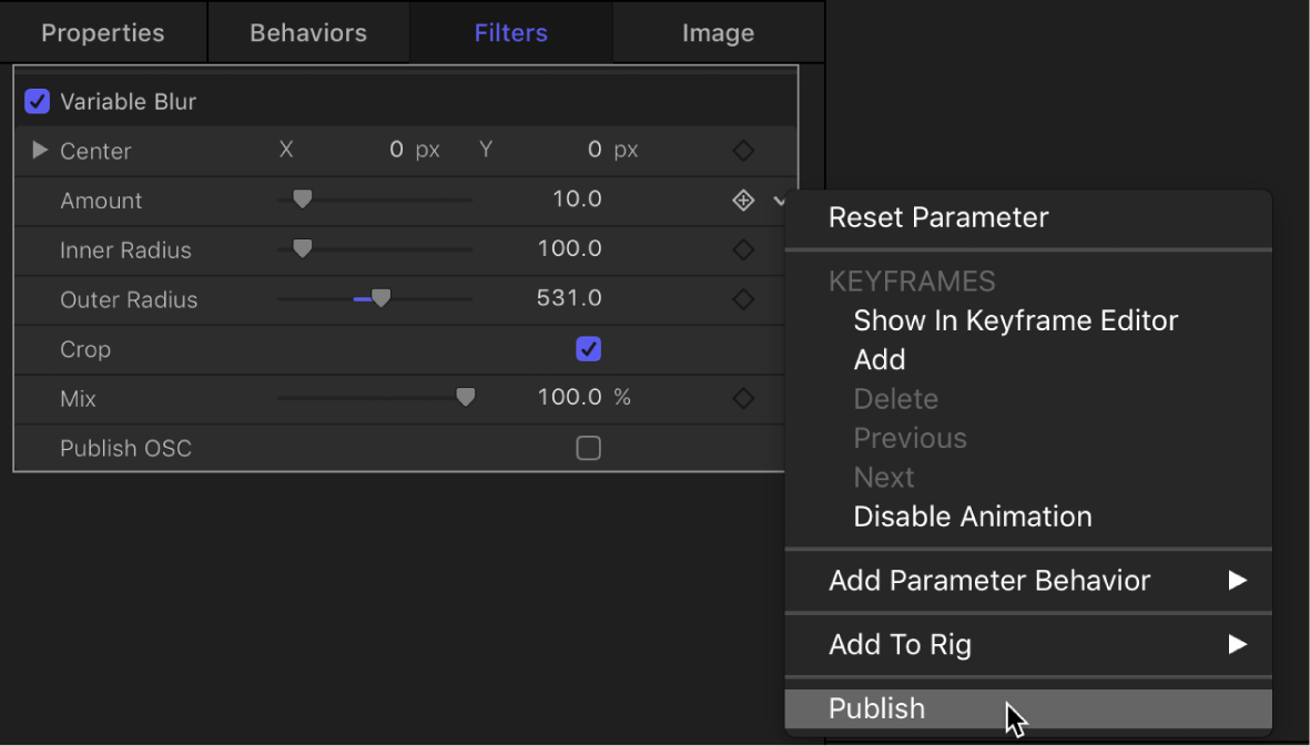 Choosing Publish from the Shear parameter Animation menu