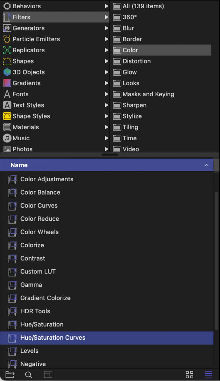 Library showing Color filters category selected
