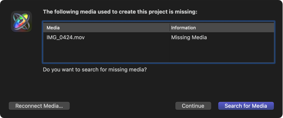 Dialog showing list of files with missing media