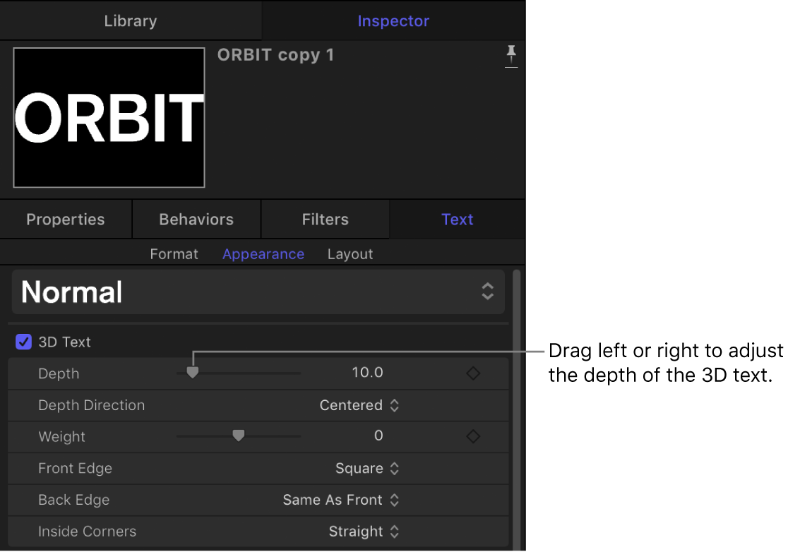 3D Text Depth parameter in the Appearance pane of the Text Inspector