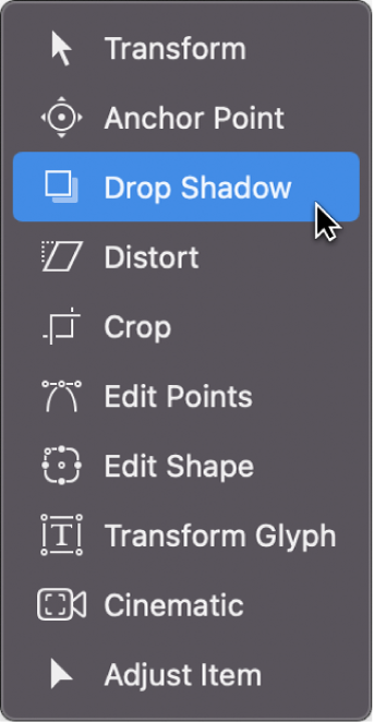 Selecting the Drop Shadow tool from the transform tools pop-up menu