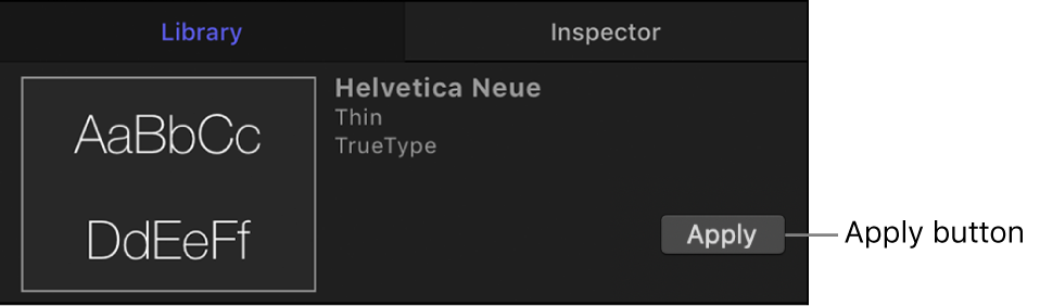 Library preview area showing Apply button for a selected font