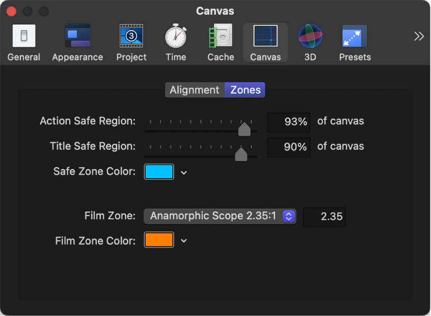 Motion Settings window showing Canvas Zones pane