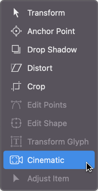 Choosing the Cinematic tool in the canvas toolbar