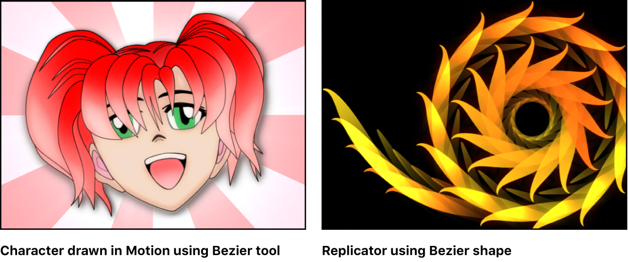Examples: character drawn using Bezier tool; Replicator created using Bezier shape
