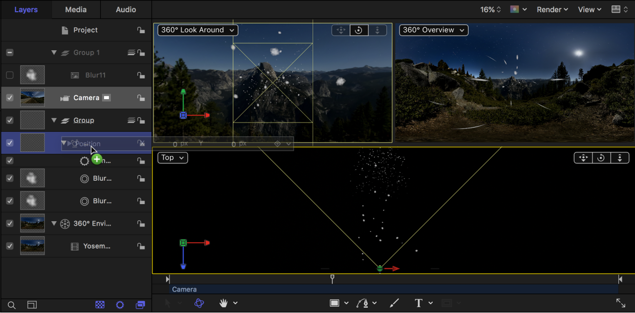 Dragging the camera Position parameters from the Inspector to the particle emitter in the Layers list