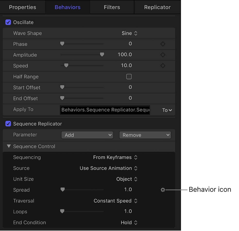 Behaviors Inspector showing Parameter behavior icon in Animation menu for Sequence Replicator behavior