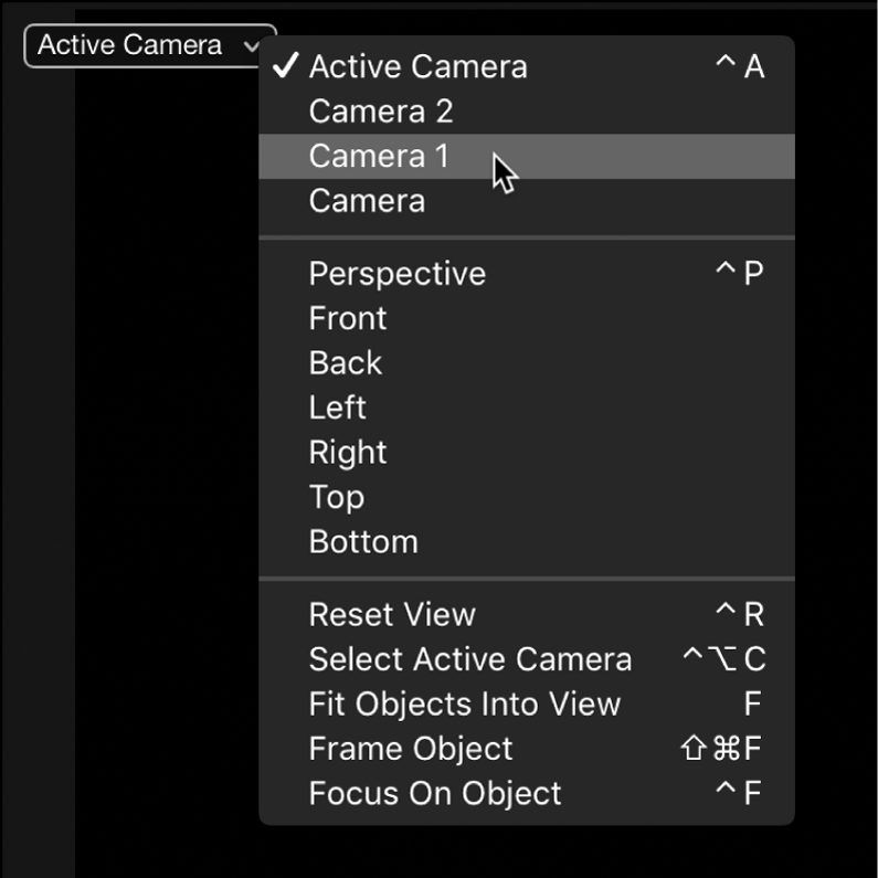 Choosing another scene camera from the Camera pop-up menu in the canvas