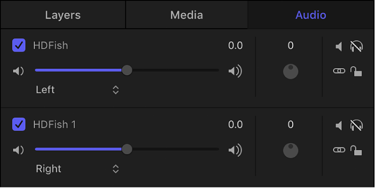 Audio list showing stereo channels