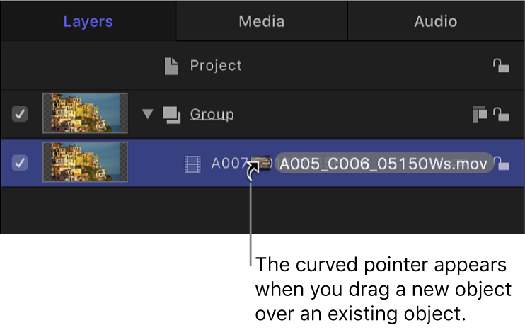 Layers list showing curved pointer used to exchange a layer