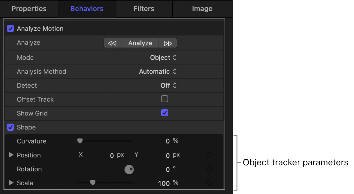 Behaviors Inspector showing object tracker Scale subparameters